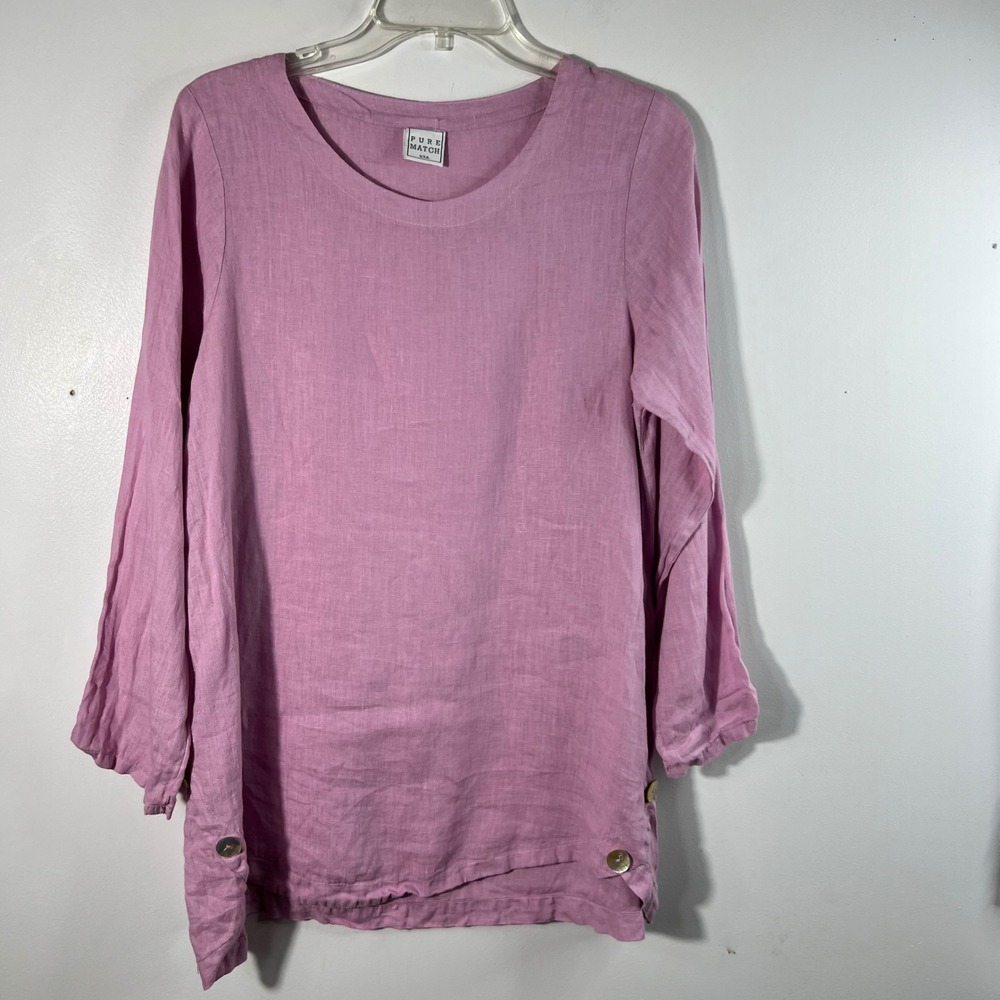 Pure Match Lagenlook Linen Tunic Pink M Button Detail